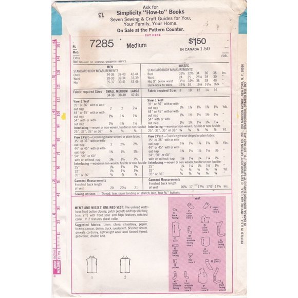 UNCUT Vintage Sewing PATTERN Simplicity 7285, Mens and Misses 1975 Unlined Vest - Picture 2 of 2
